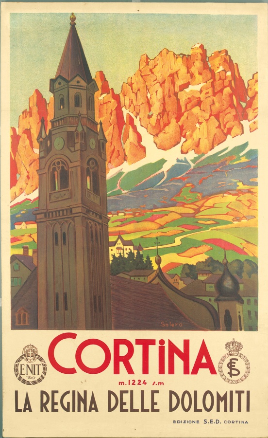 Pio Solero Cortina. La regina delle Dolomiti, 1925 Edizioni S. E. D., Cortina – ENIT, carta / litografia a colori 61,5x100; telaio 61,5x100x2 Milano, Castello Sforzesco, Civica Raccolta delle Stampe “Achille Bertarelli”